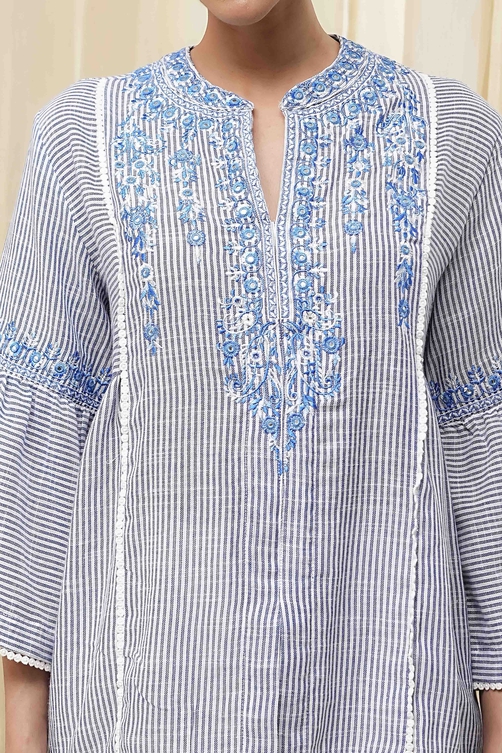 Blue Cotton Striped Straight Short Kurta image number 1