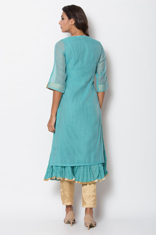 Peach Poly Metallic Cotton Flared Yarndyed Kurta image number 5