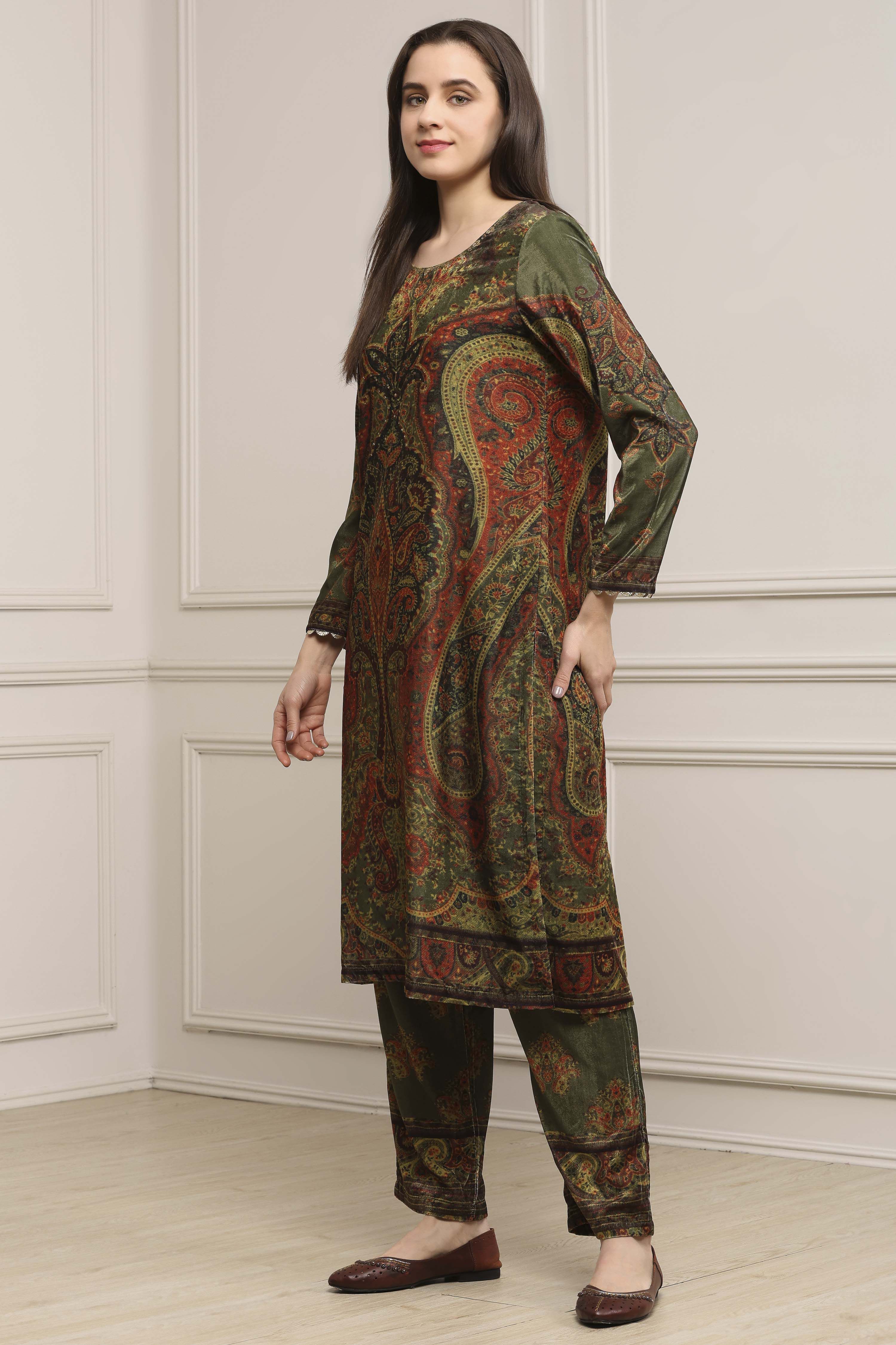Heena Green Polyester Straight Printed Kurta Pants Set image number 3