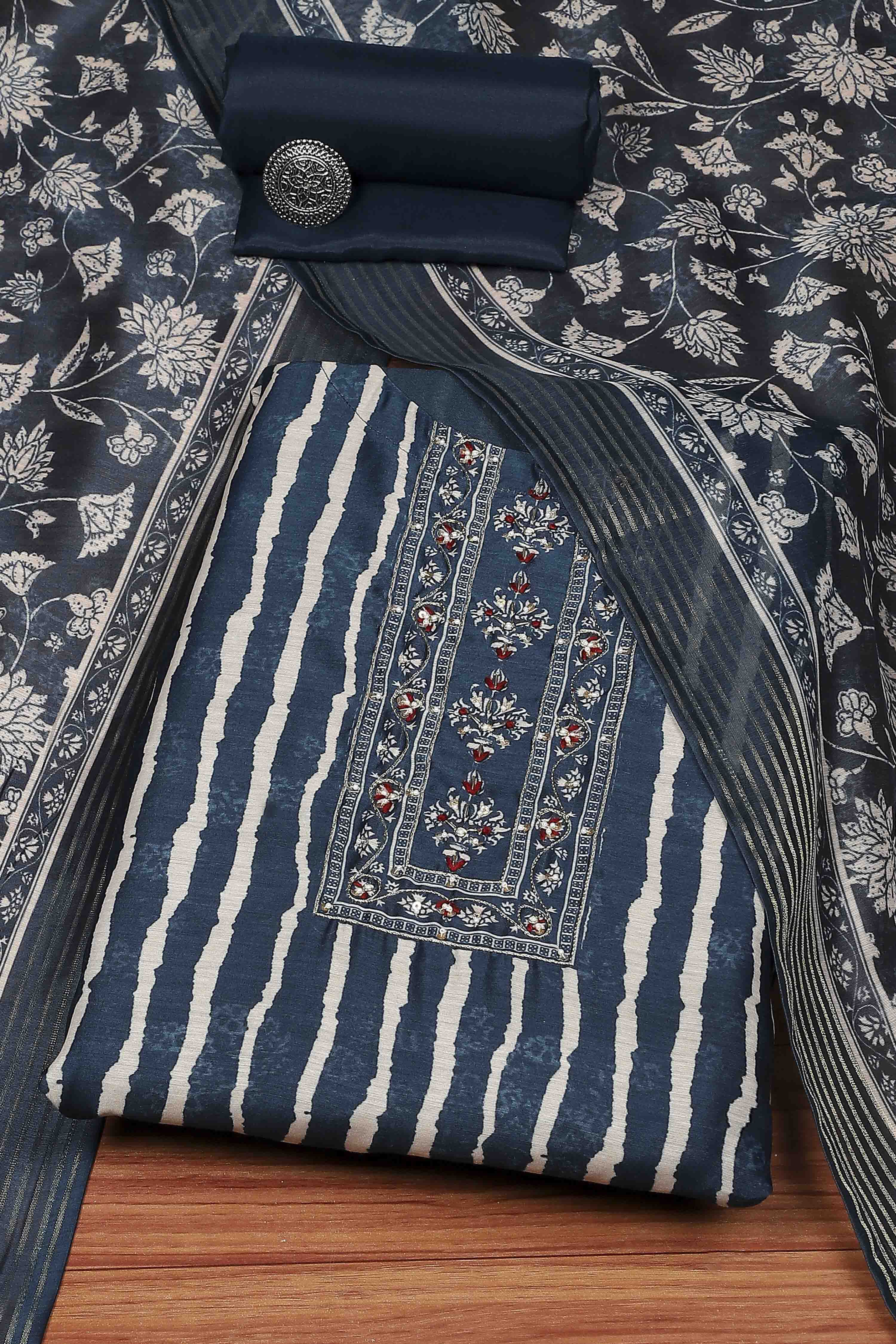 Blue Chanderi Blend Printed Embroidered Unstitched Suit Set image number 0