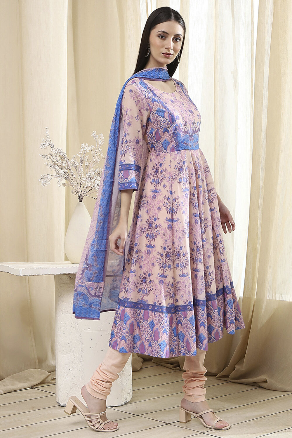 Blue Cotton Printed Anarkali Suit Set image number 5