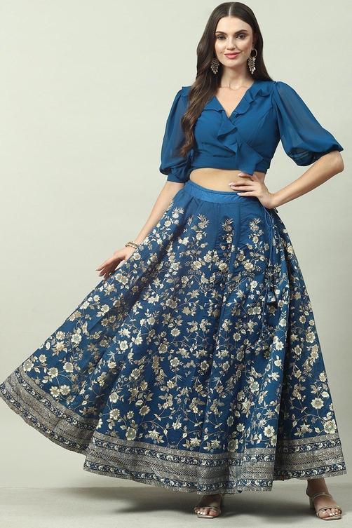 Blue Cotton Blend Lehenga Set image number 0