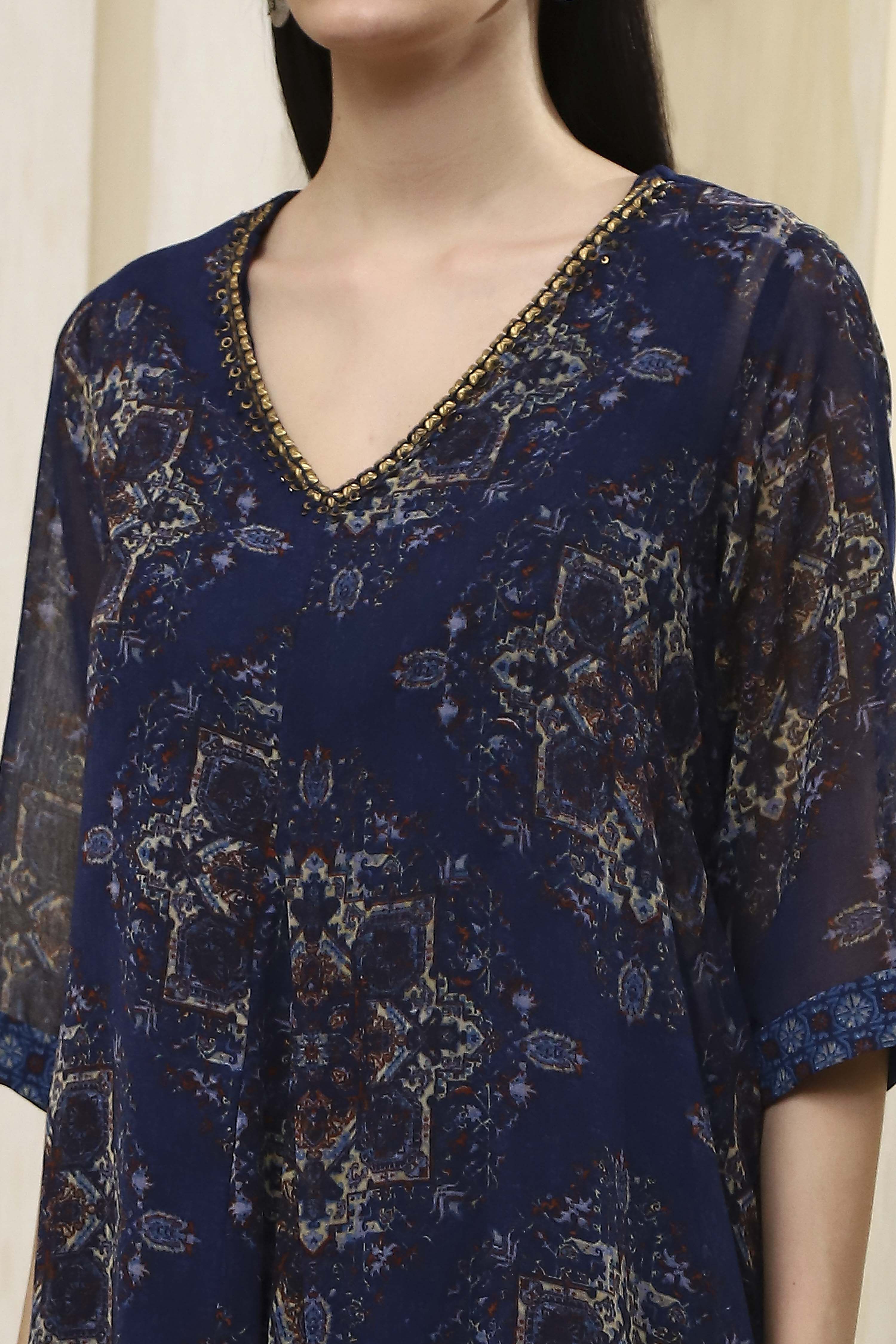 Blue Georgette Printed Asymmetric Dress image number 1