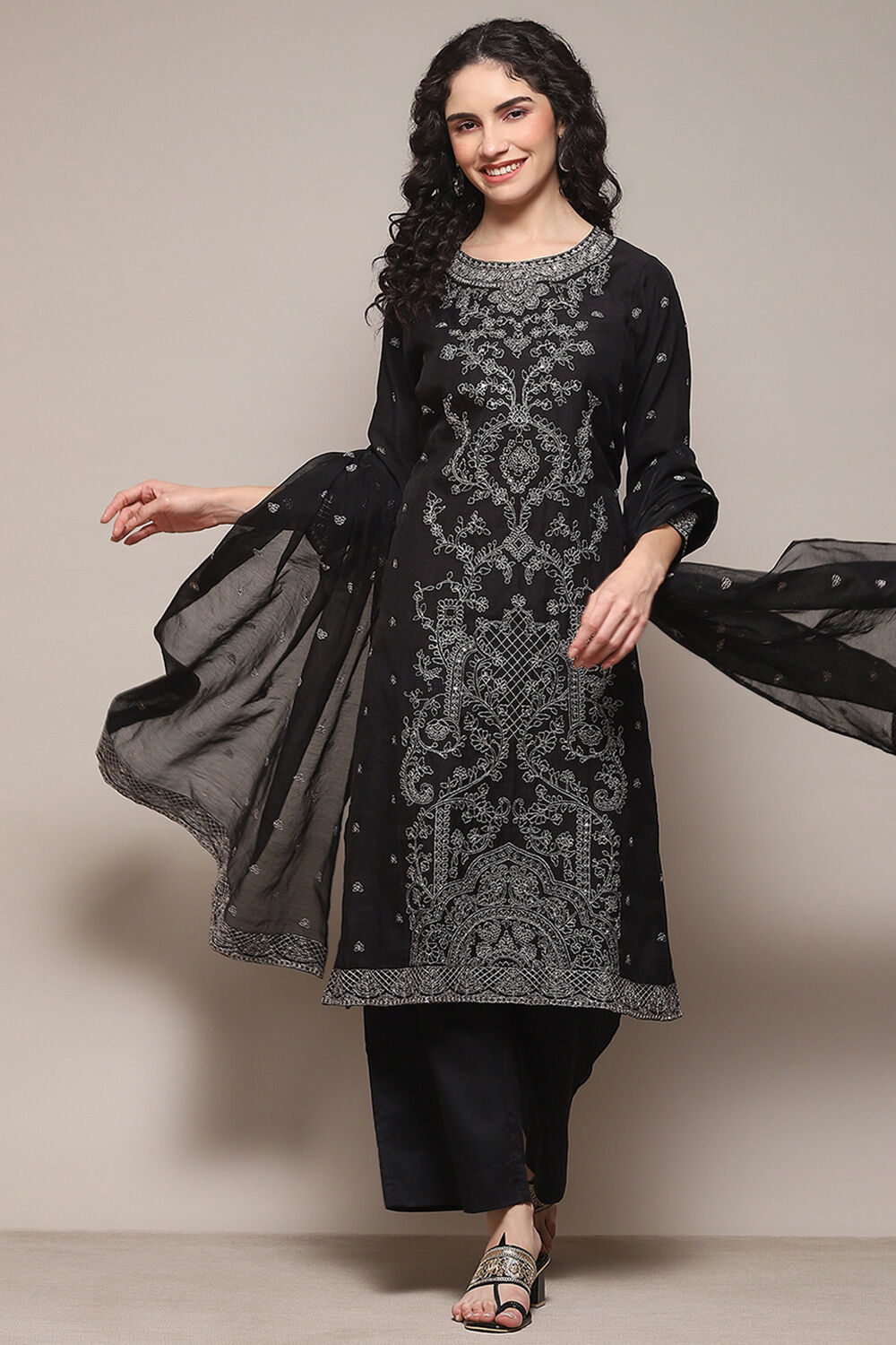 Black Cotton Satin Straight Kurta Palazzo Suit Set image number 0