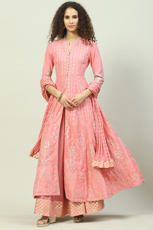Blush Pink Cotton Anarkali Kurta Lehenga Suit Set