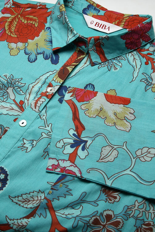 Turquoise Cotton Fusion Wear Dress image number 1