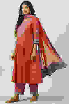 Coral Cotton Kalidar Kurta Narrow Palazzo Suit Set image number 5