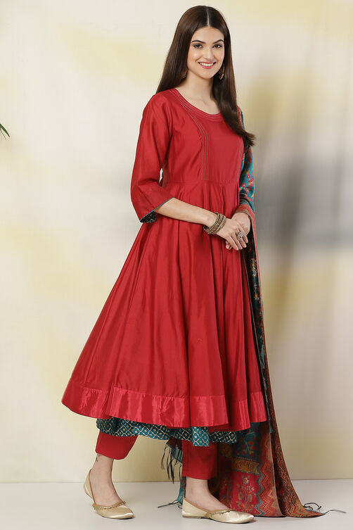 Magenta Cotton Silk Anarkali Kurta Churidar Suit Set image number 6