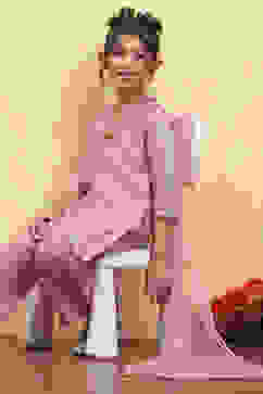 Baby Pink Tissue Solid Straight Suit Set image number 5