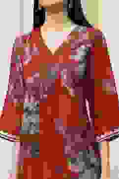 Coral Red Floral Printed Straight Kurta image number 1