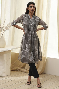 Grey Printed Pleated A-Line Kurta image number 0