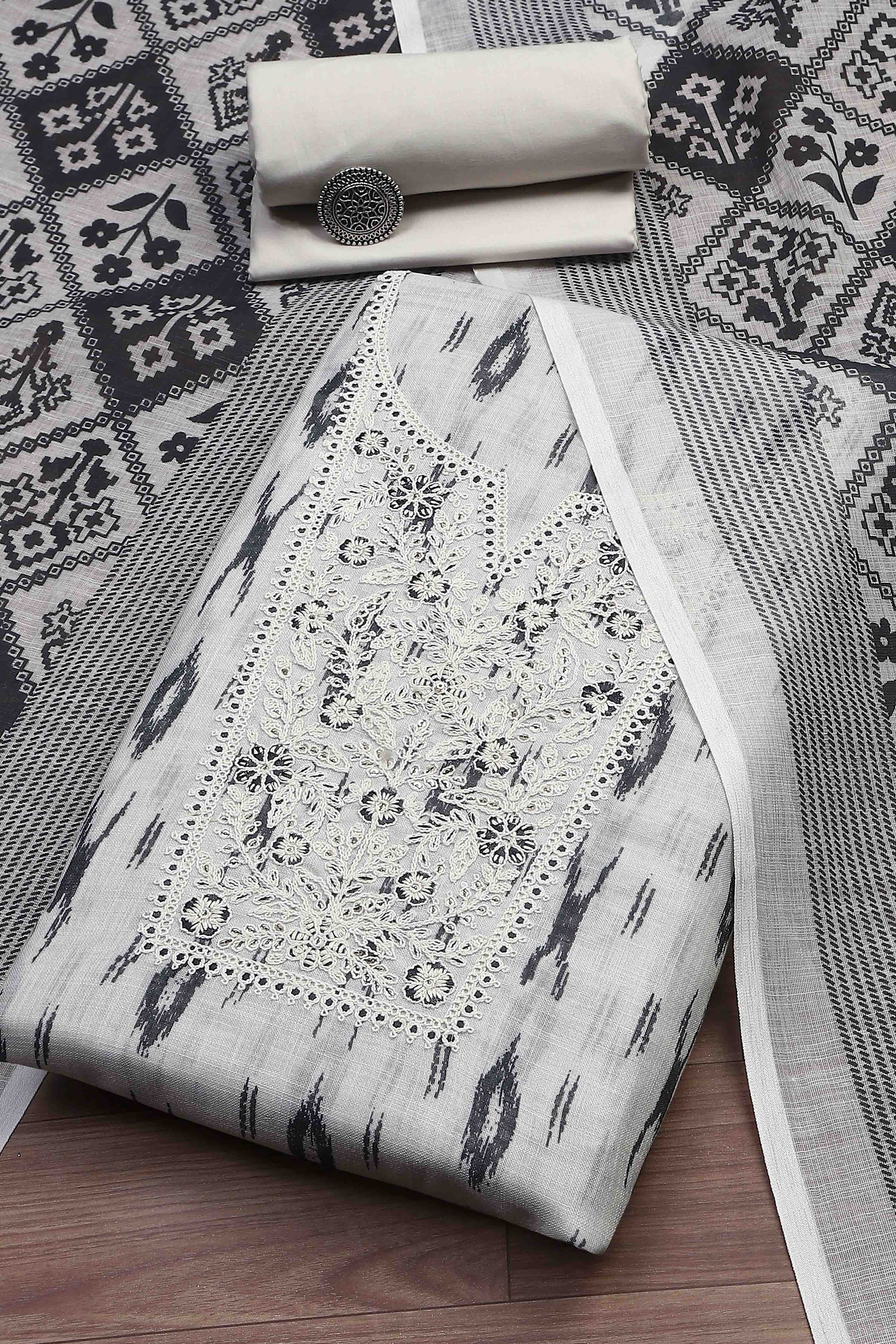 Black Linen Royal-Ikkat  Buti Print Unstitched Suit Set image number 0