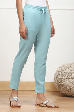 Sky Blue Cotton Solid Regular Pants image number 3