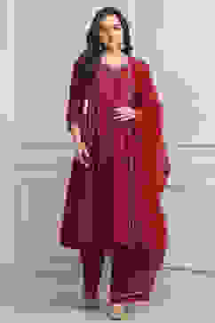 Red Chanderi Kalidar Dyed Suit Set image number 6