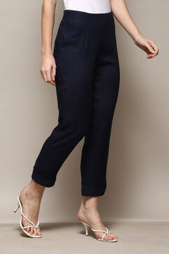 Navy Viscose Slim Solid Pants image number 3