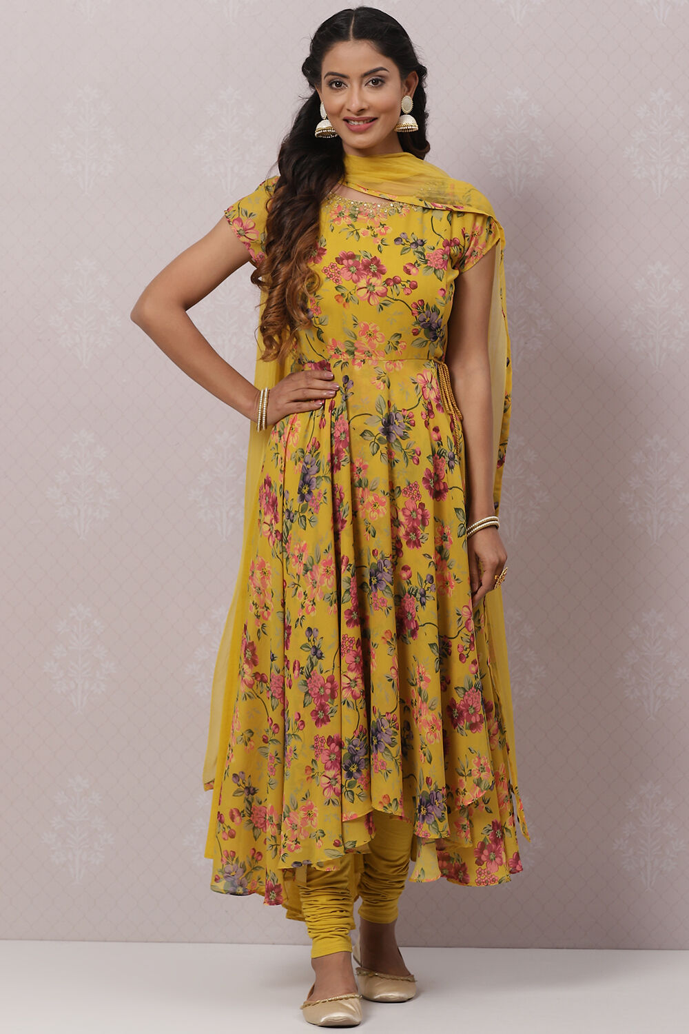 Mustard Cotton Asymmetric Kurta Churidar Suit Set image number 0