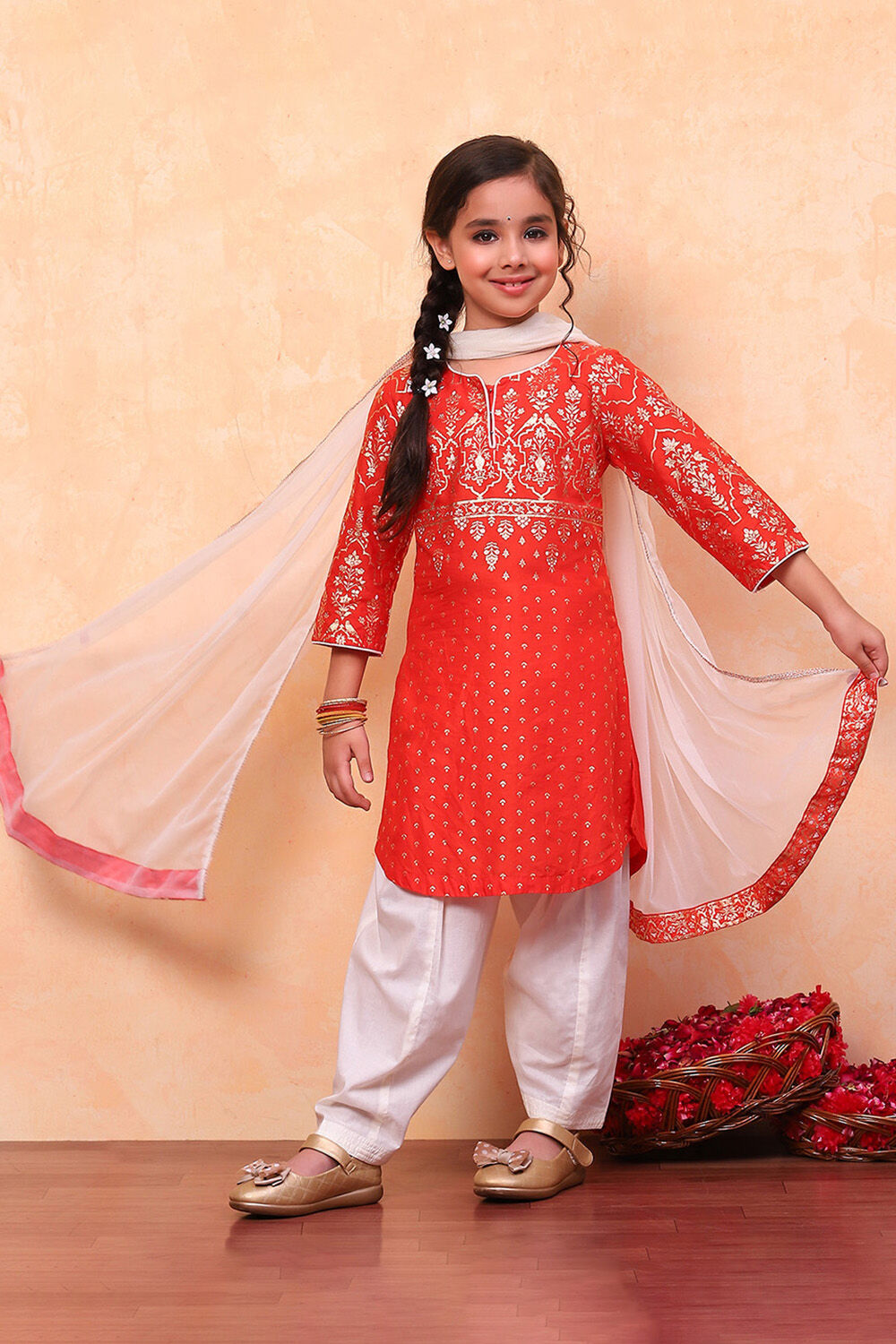 Orange and White Cotton Printed Straight Suit Set image number 6