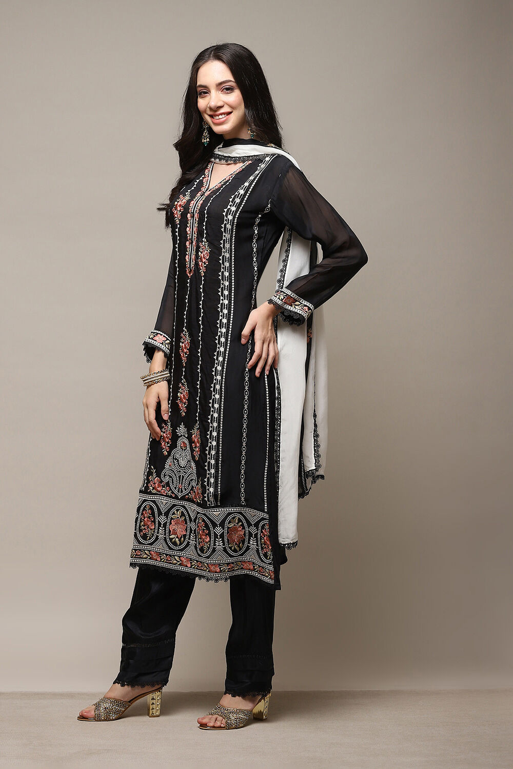 Black Organza Printed Unstitched Suit Set image number 6