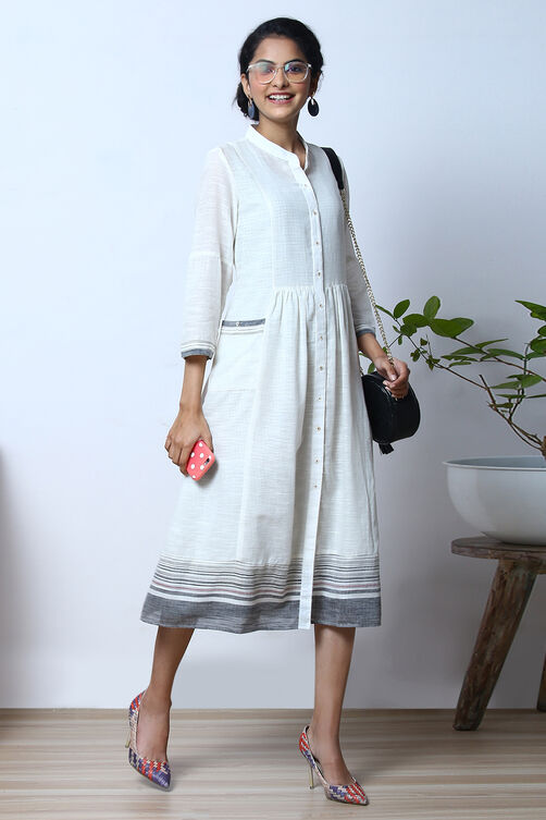 White Cotton A-Line  Yarndyed Kurta Dress image number 6