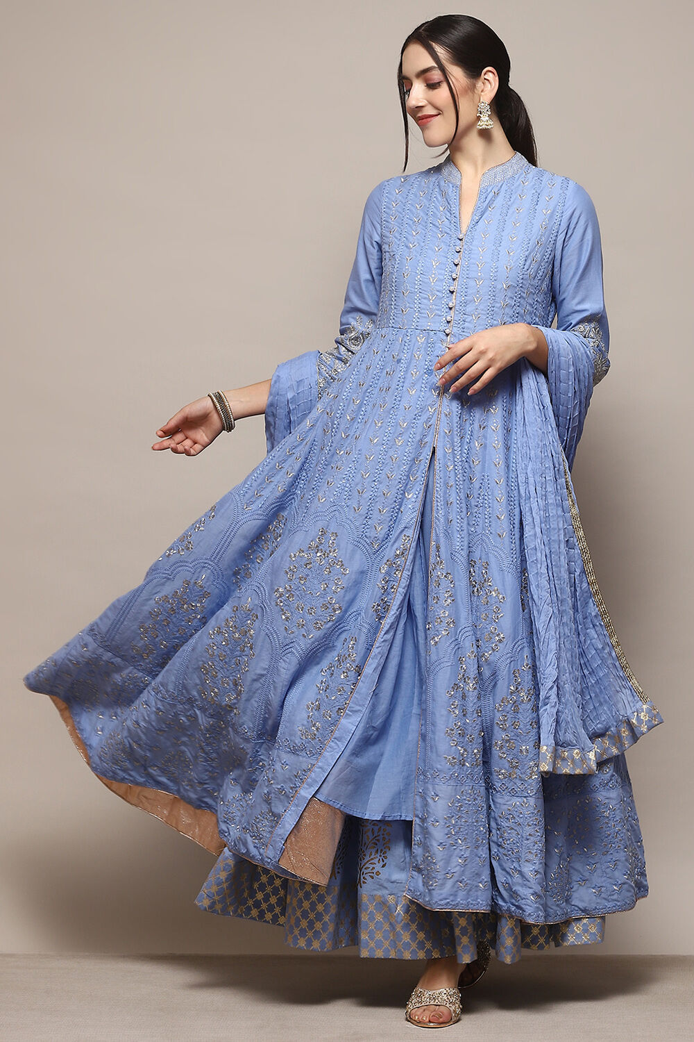 Aqua Blue Cotton Anarkali Kurta Lehenga Set image number 0