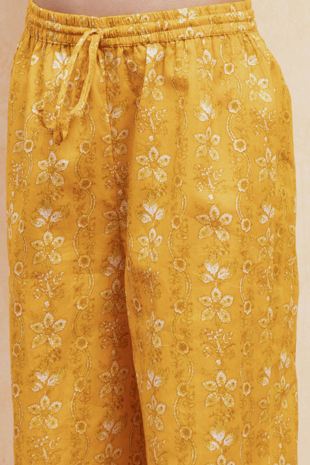 Yellow Cotton Floral Gathered Suit Set image number 2