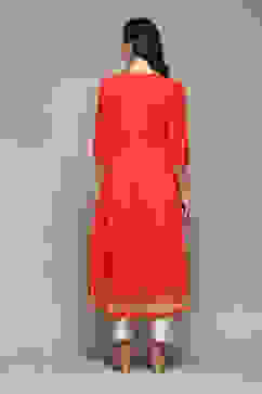 Red Cotton A-Line Printed Kurta image number 4
