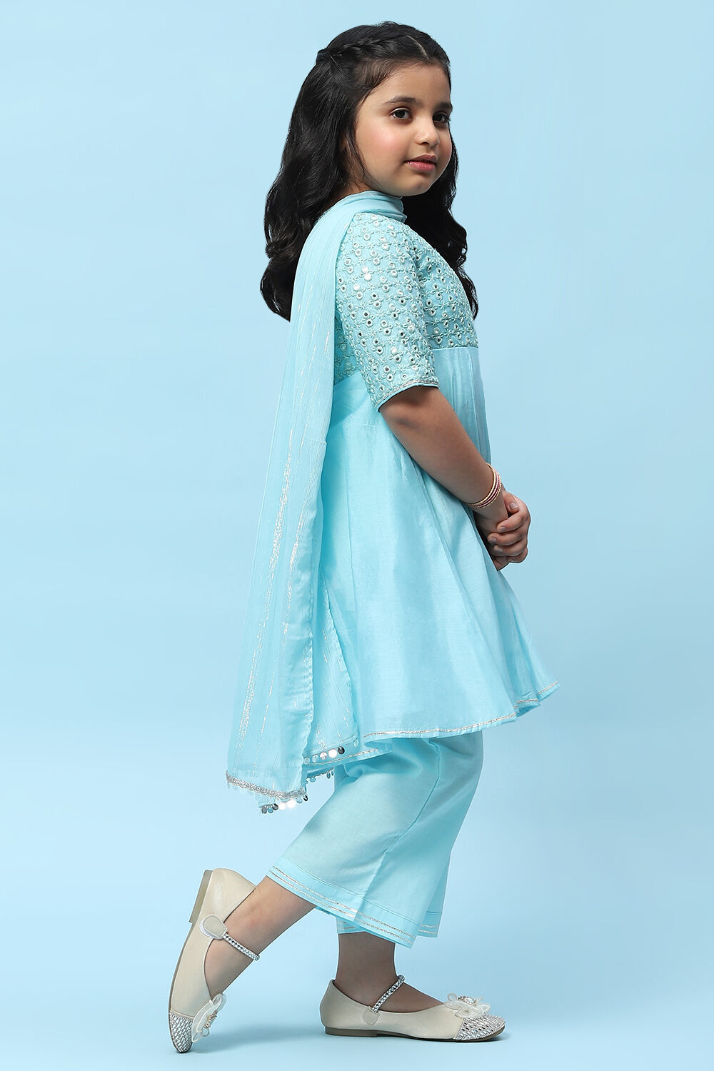Sky Blue Poly Chanderi Mirror work A-line Suit Set image number 6