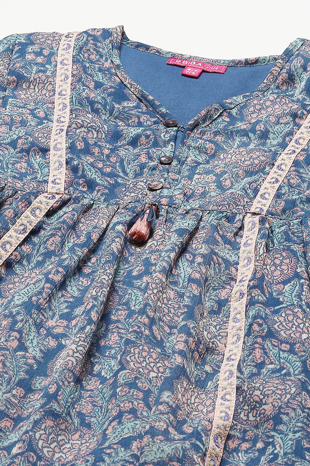 Blue Polyester Gathered Printed Dress image number 1