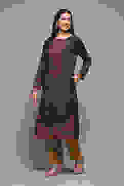 Navy Poly Cotton Straight Yarndyed Kurta image number 2