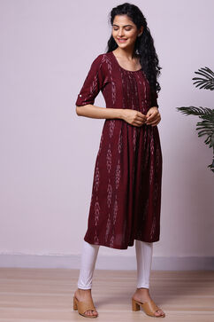 Deep Maroon Cotton Ikkat Yarndyed Kurta image number 3