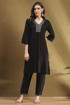 Black Solid Gathered Straight Kurta image number 5