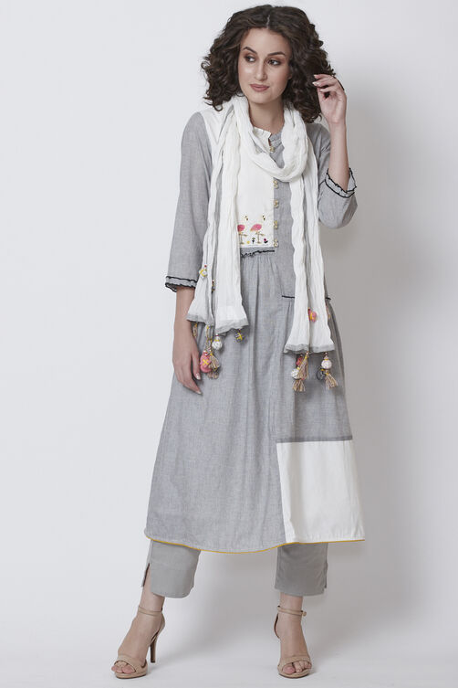Grey Cotton A-Line Yarndyed Kurta image number 4