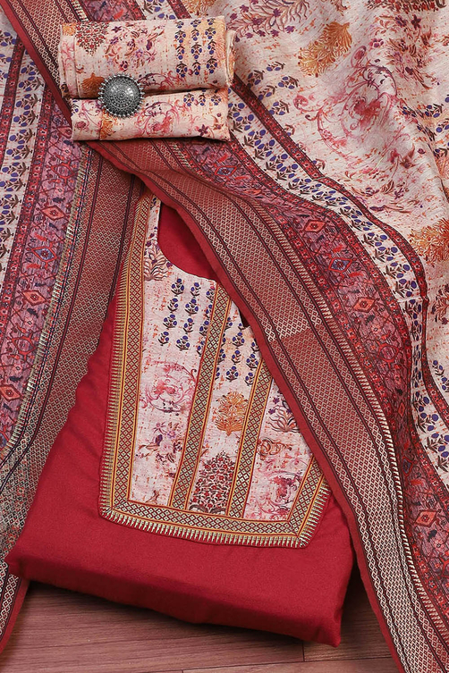 Maroon Cotton Handloom Unstitched Suit Set image number 0