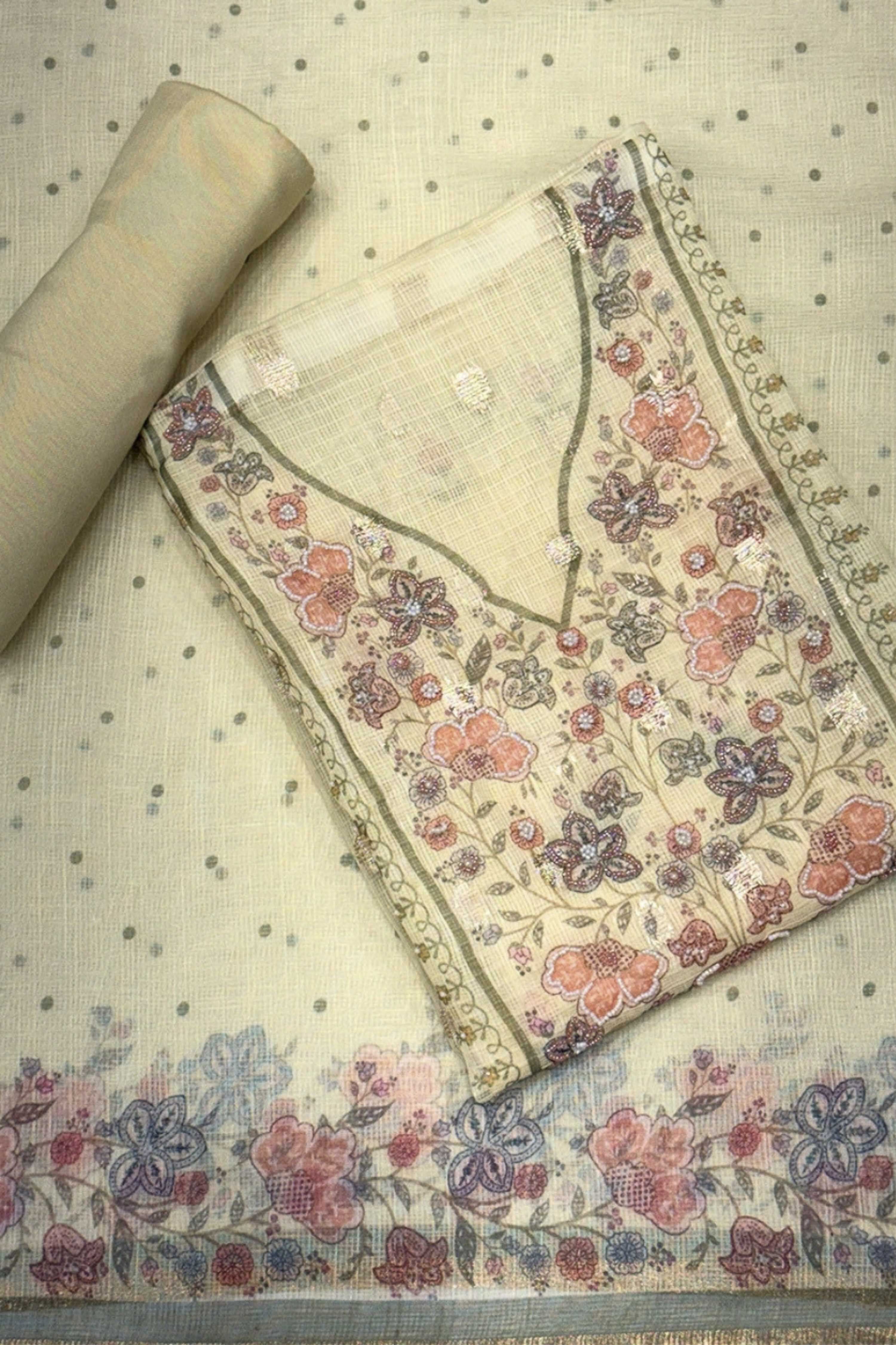 Yellow Kota Cotton Neck Embroidered Unstitched Suit Set image number 0
