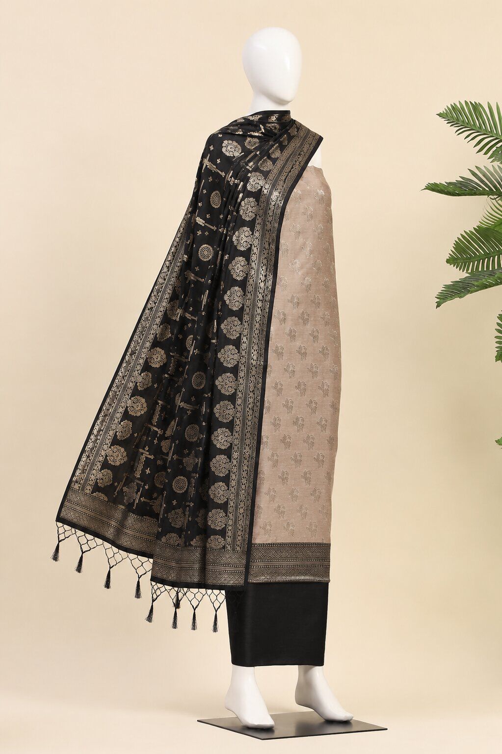 Grey Cotton Printed Embroidered Unstitched Suit Set image number 4