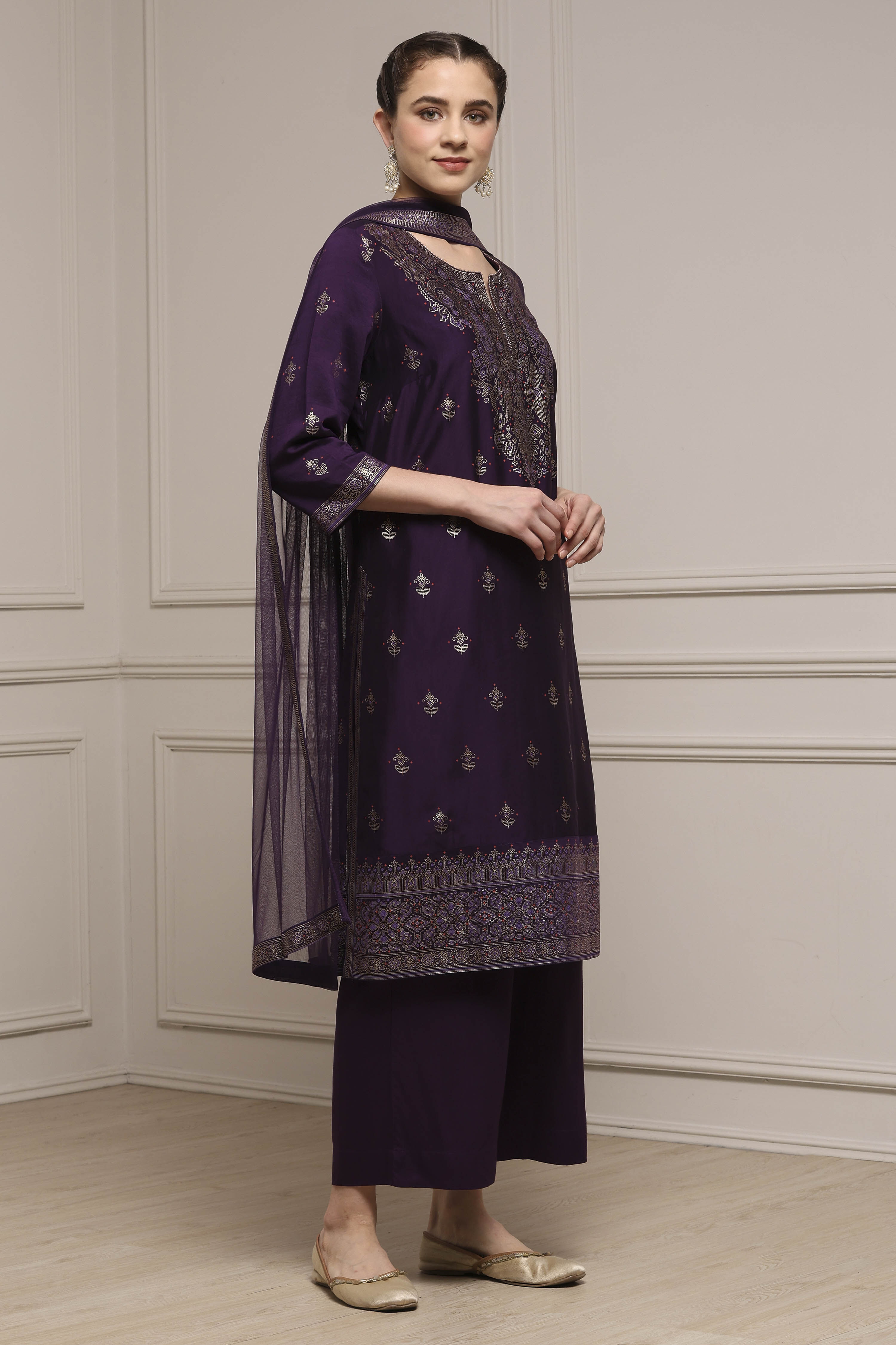 Purple Viscose Blend Straight Printed Suit Set image number 5
