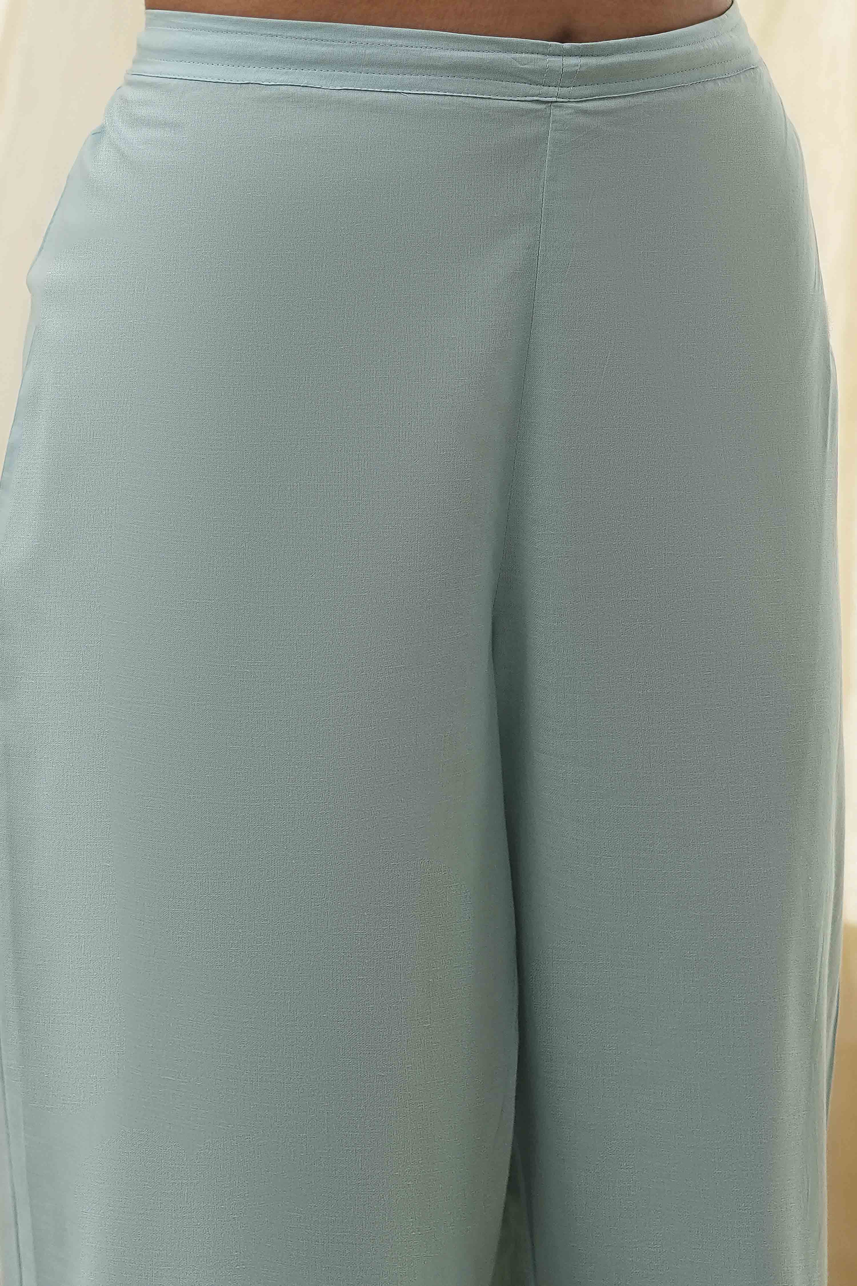 Aqua Embroidered Straight Suit Set image number 2