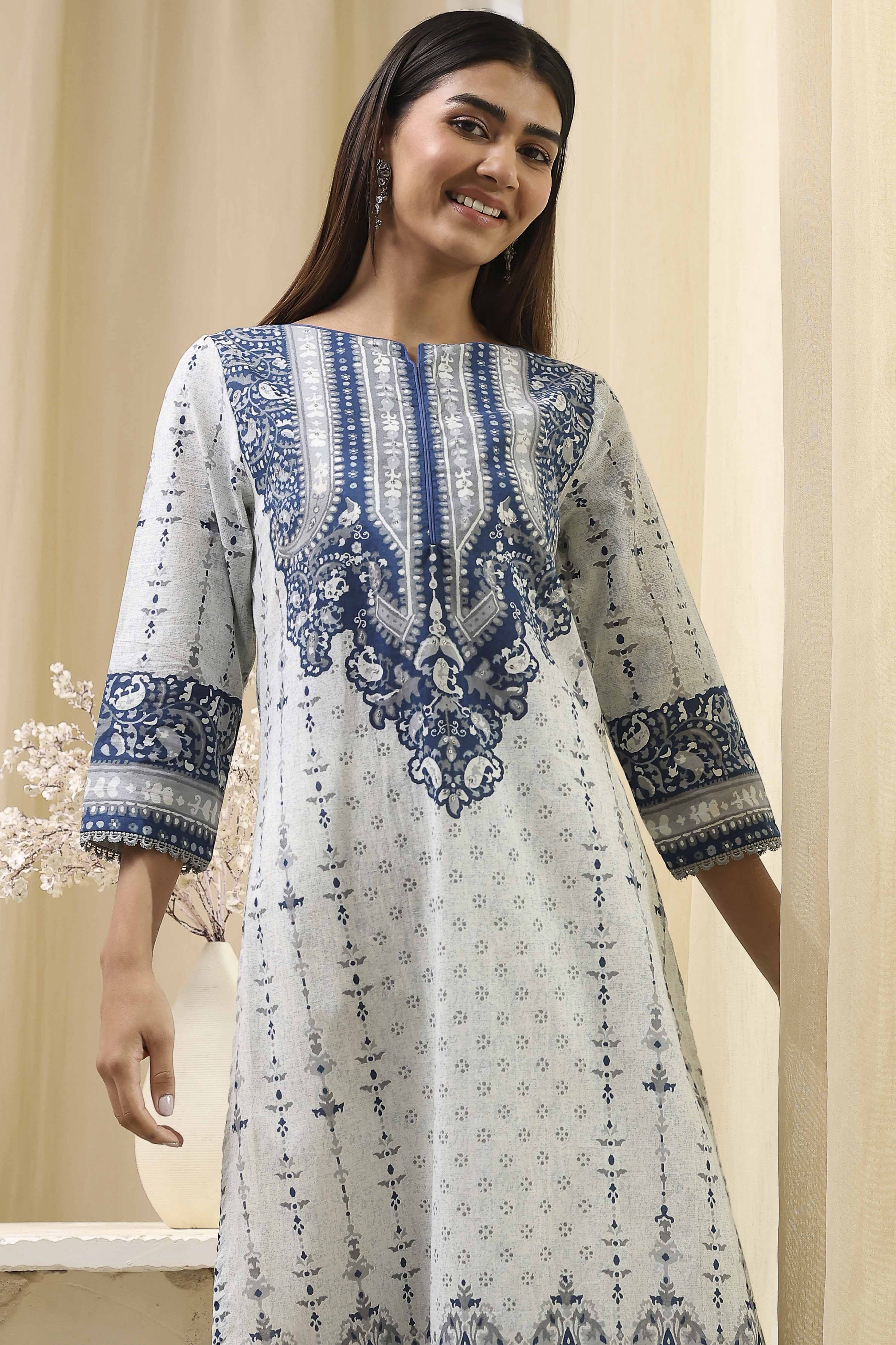 Blue Cotton Printed Straight Kurta image number 0