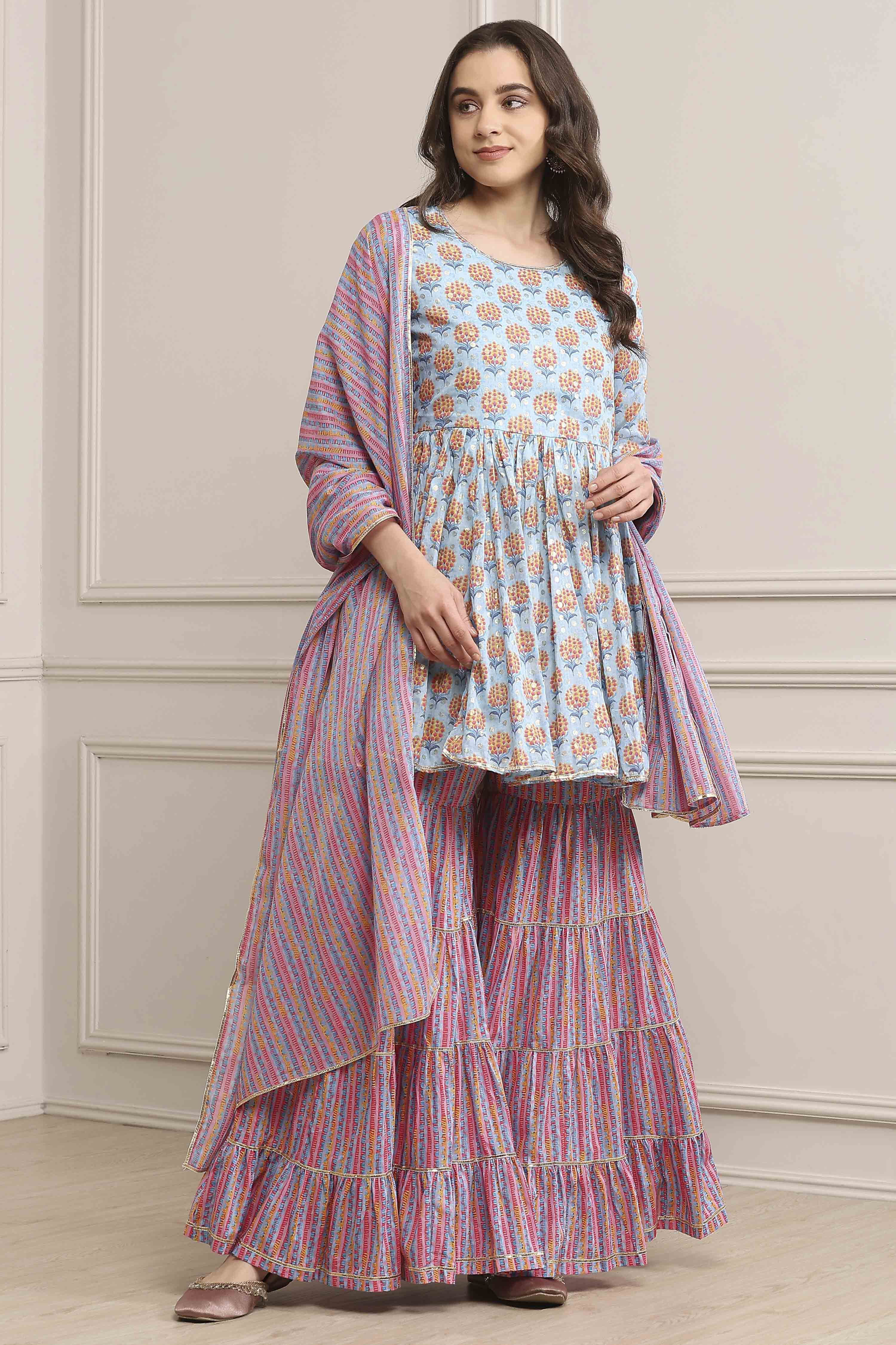 Light Blue Cotton Straight Kurta Garara Suit Set image number 0