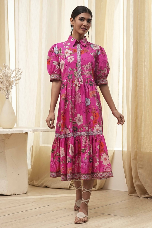Pink Cotton Floral Printed Tiered Dress image number 5