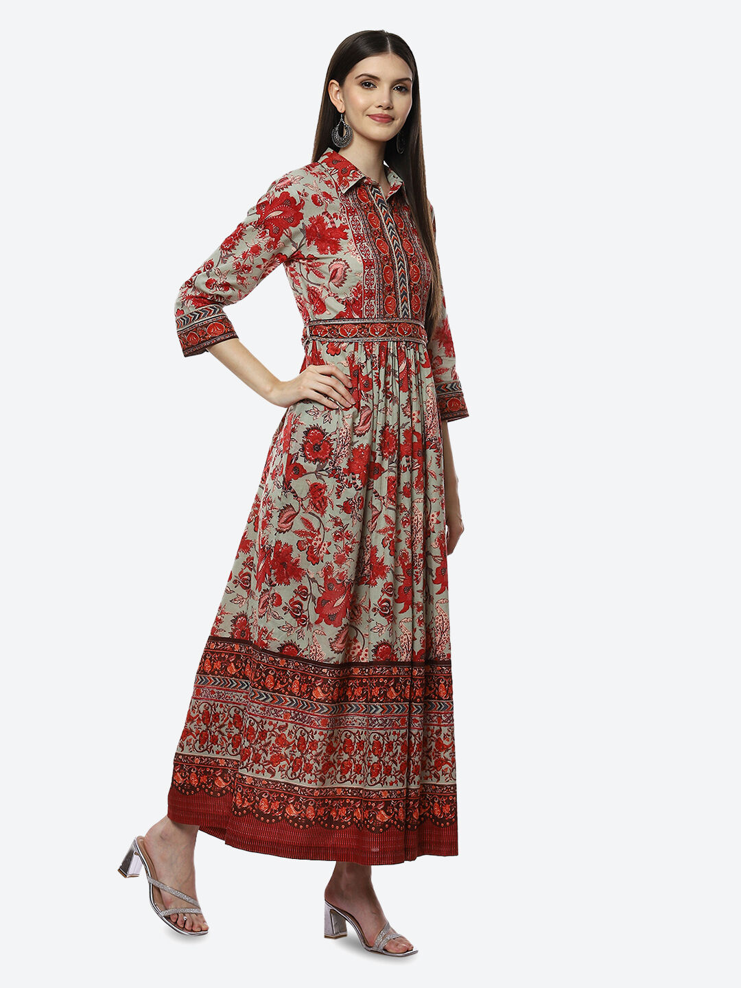 Green Cotton Flared Printed Dress image number 3