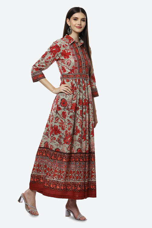 Green Cotton Flared Printed Dress image number 3