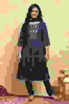 Navy Blue Cotton Tiered Solid Suit Set image number 6