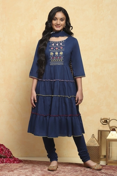 Navy Blue Cotton Tiered Solid Suit Set image number 6