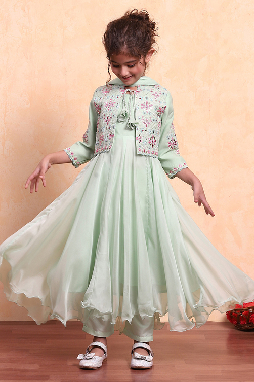 Buy Matcha Green Polyester Blend Anarkali With Jacket Kurta Set