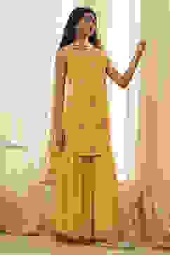 Ochre Yellow Embroidered Straight Suit Set image number 0