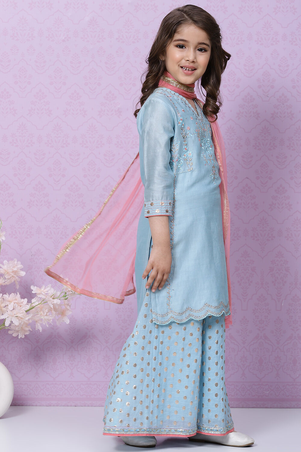 Blue Art Silk Straight Kurta Sharara Suit Set image number 6