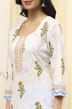 White and Blue Cotton Screen Print Unstitched Suit Set image number 2