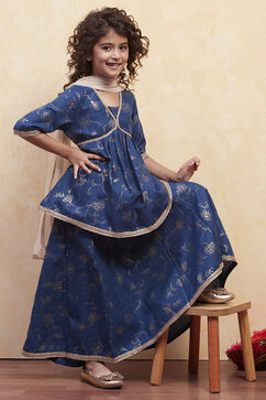 Navy Blue Printed Peplum Suit Set image number 0