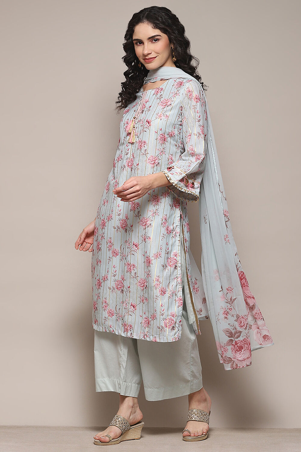 Grey Cambric Straight Kurta Palazzo Suit Set image number 4